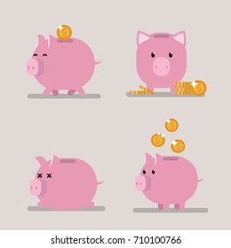 Piggy bank with coins vector flat icons set.