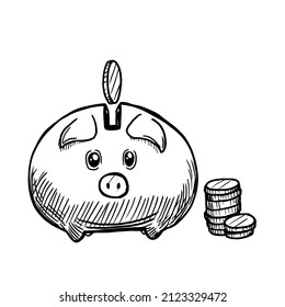 Piggy bank and coins vector illustration on white background