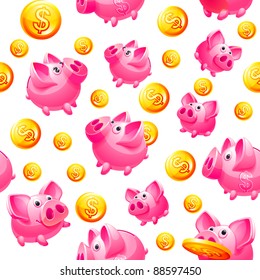 Piggy Bank and coins in white Seamless background, vector