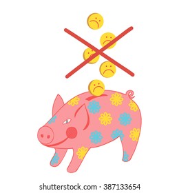 Piggy bank with a coin-sad smiley