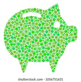 Piggy Bank collage of circle elements in various sizes and green color tinges. Vector dots are organized into piggy bank composition. Ecological design concept.