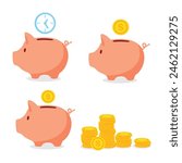 Piggy bank collection. Piggybank with falling golden coin, time, idea and stack of coins. Saving, investment concept. Return of investment. Vector illustration