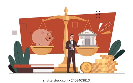 Piggy or bank comparsion. Man near weights with different ways to investings. Savings and budget. Young guy choose option to save money. Cartoon flat vector illustration isolated on white background