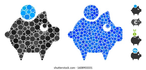 Piggy bank composition of round dots in various sizes and color tints, based on piggy bank icon. Vector dots are composed into blue composition. Dotted piggy bank icon in usual and blue versions.