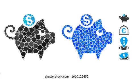 Piggy bank composition of round dots in various sizes and color tinges, based on piggy bank icon. Vector round dots are combined into blue collage. Dotted piggy bank icon in usual and blue versions.