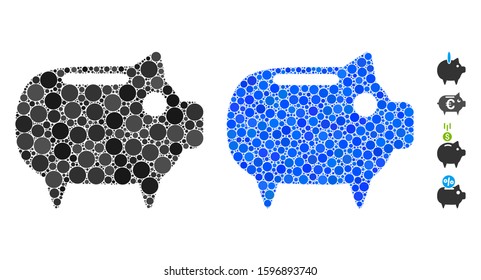 Piggy bank composition of small circles in different sizes and color tints, based on piggy bank icon. Vector filled circles are united into blue illustration.