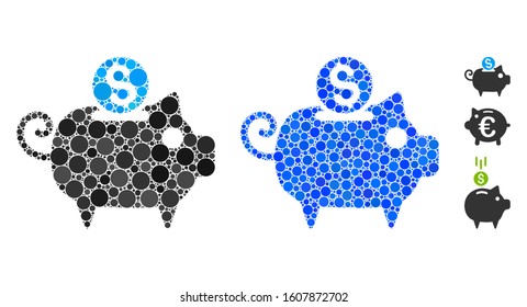 Piggy bank composition of small circles in various sizes and shades, based on piggy bank icon. Vector small circles are grouped into blue illustration.