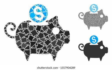 Piggy bank composition of trembly parts in variable sizes and color hues, based on piggy bank icon. Vector trembly items are united into collage. Piggy bank icons collage with dotted pattern.