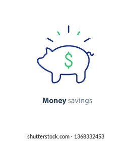 Piggy bank concept, long term investment, savings account deposit, pension fund money, financial planning, vector flat icon