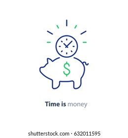 Piggy Bank Concept, Time Is Money, Long Term Investment, Savings Account Deposit, Pension Fund, Financial Planning, Vector Flat Icon