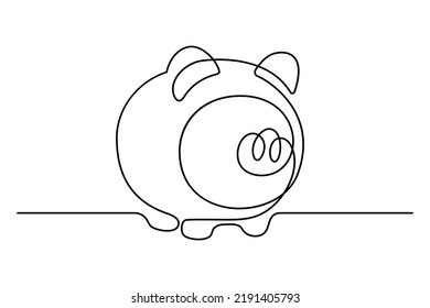 Piggy bank in continuous line art drawing style. Pig moneybox black linear sketch isolated on white background. Vector illustration