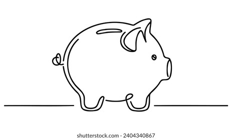 Banca de cerco con estilo de dibujo de línea continua. Esbozo lineal negro de moneybox de cerdo aislado en fondo blanco.