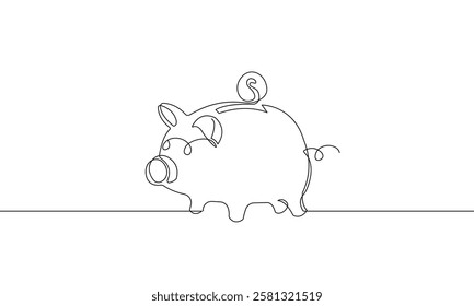 Piggy Bank Continuous One Line Drawing. Vector One Line Illustration Concept for Business Design. Piggy Bank Minimalist Black Sketch Isolated on White Background. Not AI