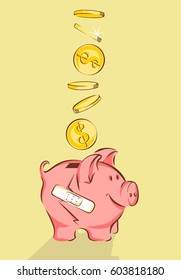 Piggy bank with crack and dollars, vector illustration, cartoon style