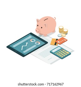 Piggy bank, credit cards, tablet, calculator and money on a financial contract: deposit, funds, savings and investments concept