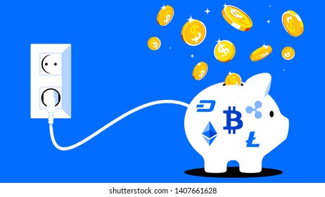 Piggy bank with cryptocurrency. Gold coins fall into the piggy bank. On the piggy bank is a cryptocurrency symbol. The concept of investment in cryptocurrency, blockchain technology, digital economy.
