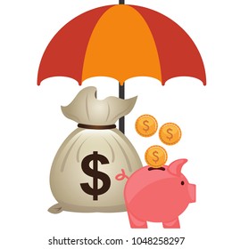 Piggy bank with a currency sign and money bag on white background 