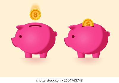 Piggy bank cute pig in pink color with falling gold coin. Concept of saving money, investing, investments. Vector 3d illustration.