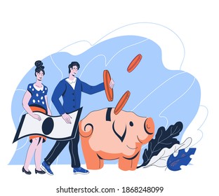 Piggy bank and deposit account concept banner with people bringing money. Saving money and economy of budget  idea, flat cartoon vector illustration isolated.