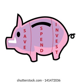 Piggy bank devided on save, spend and invest parts
