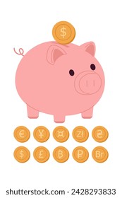 Piggy Bank y diferentes monedas. Inversión y banco, guardar cuenta. ilustración vectorial plana