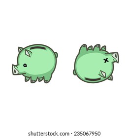 piggy bank in different variations such as throwing money breaking hammer and reflection - useful for logos signs illustration design business