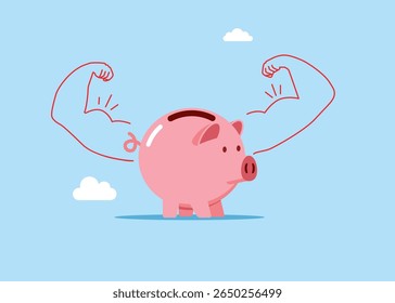 Piggy Bank fazendo um gesto forte. Poder monetário. Alta estima. Economia. Finanças e indústria.  Ilustração vetorial moderna em estilo plano