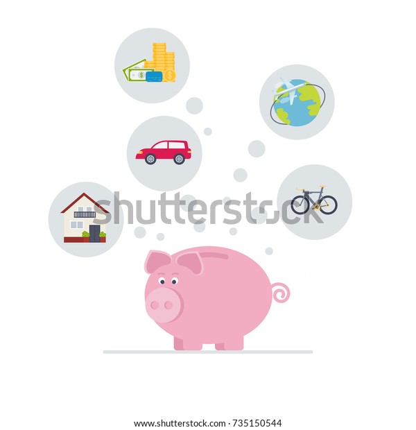 Piggy bank with\
dollar bills, house, car, bike, travel. Save money concept. Vector\
illustration. Flat style