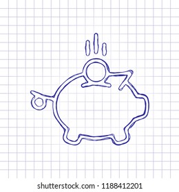 Piggy bank, dollar coin. Business icon. Hand drawn picture on paper sheet. Blue ink, outline sketch style. Doodle on checkered background