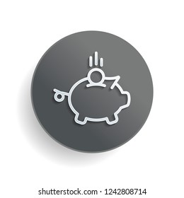 Piggy bank, dollar coin. Business icon. White paper symbol on gray round button or badge with shadow