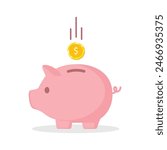 Piggy bank with dollar coin currency vector illustration in pink color. Saving, investing and accumulation money. Pig in a flat style. Cute pig shaped money box with falling USA gold coin.