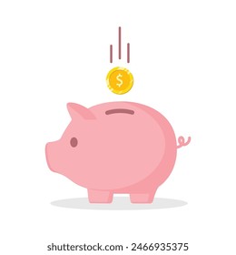 Piggy bank with dollar coin currency vector illustration in pink color. Saving, investing and accumulation money. Pig in a flat style. Cute pig shaped money box with falling USA gold coin.