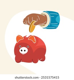 Piggy bank with dollar coin currency, hand putting coins into piggy bank
