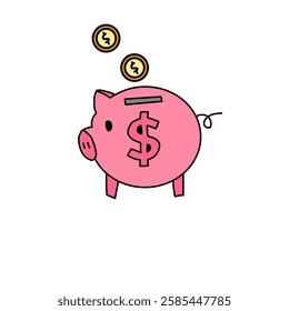 Piggy bank with dollar coin currency vector illustration Saving, investing and accumulation money. Pig in a flat style. Cute pig shaped money box with falling USA gold coin.