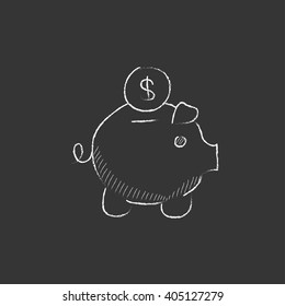 Piggy bank with dollar coin. Drawn in chalk icon.