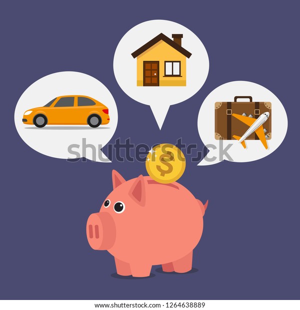 Piggy bank with dollar coin,\
dreaming about saving for holidays, car and house. Vector\
illustration