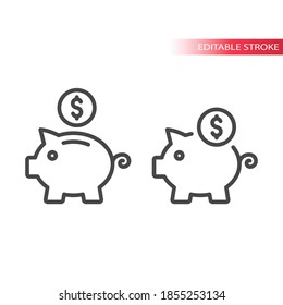 Piggy bank with dollar coin icon. Savings, money or financial concept editable stroke symbol.
