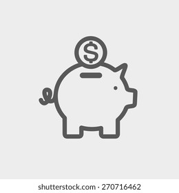 Piggy bank and dollar coin icon thin line for web and mobile, modern minimalistic flat design. Vector dark grey icon on light grey background.