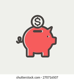 Piggy bank and dollar coin icon thin line for web and mobile, modern minimalistic flat design. Vector icon with dark grey outline and offset colour on light grey background.