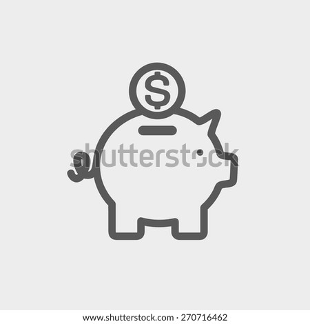 Piggy bank and dollar coin icon thin line for web and mobile, modern minimalistic flat design. Vector dark grey icon on light grey background.