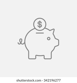 Piggy Bank With Dollar Coin Line Icon For Web, Mobile And Infographics. Vector Dark Grey Icon Isolated On Light Grey Background.