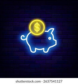 Piggy bank with dollar coin neon label. USA money icon. Economy science emblem. Vector stock illustration