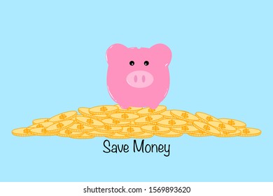 Piggy bank with Dollar coin on blue background, Saving money for future concept.