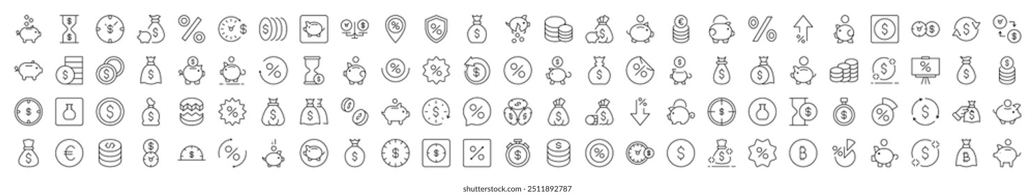 Piggy Bank, Dollar, Coin, Percent Line Icon Set. Editable Stroke. Minimalistic Linear Pictogram for Design of Cards, Apps, Banners, Posts