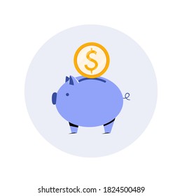 Piggy bank with dollar coin. Vector illustration in flat style. Concept of money saving, personal financing, investment