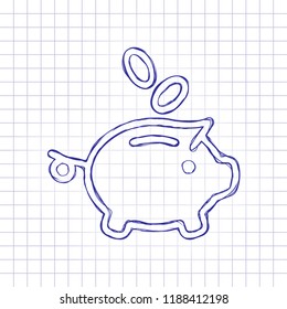 Piggy bank, dollar coins. Business icon. Hand drawn picture on paper sheet. Blue ink, outline sketch style. Doodle on checkered background