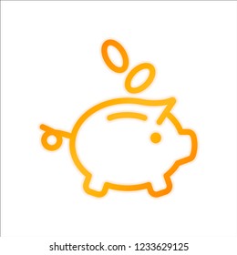 Piggy bank, dollar coins. Business icon. Orange sign with low light on white background