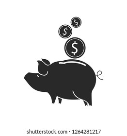 Piggy bank and dollar coins flat black sign.