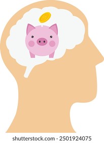 Piggy bank and dollar in the male brain. Silhouettes of thought images. Savings image. Modern vector illustration in flat style

