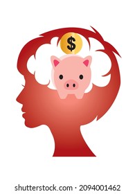 Piggy bank and dollar, savings image. Pictograms, symbols and silhouettes of thought images in the female brain